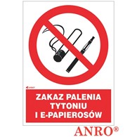 Znak ochrony PPOŻ. „ Zakaz palenia tytoniu i e-papierosów ” 20X30