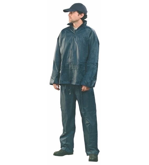 Komplet przeciwdeszczowy spodnie do pasa oraz kurtka w kolorze niebieskim